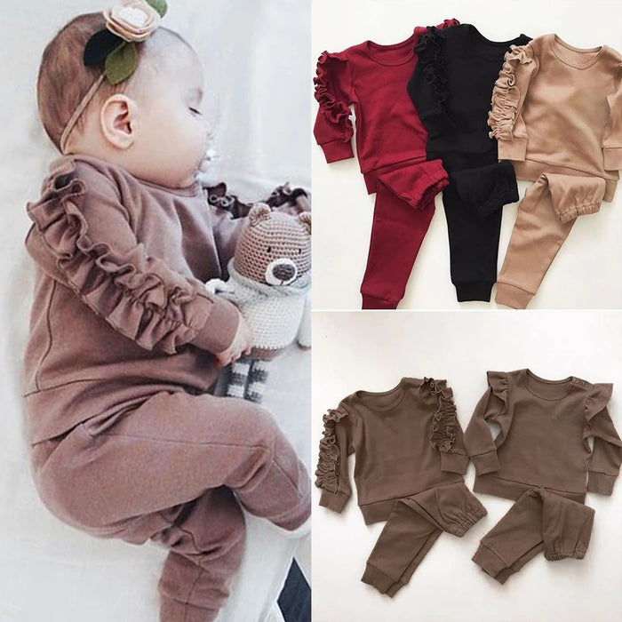 Neonati maschi Ragazze Ruffles Maglione Solido Felpa a maniche lunghe Top Pantaloni Infantili Bambini 2 pezzi Abiti Abiti Set Abiti autunnali